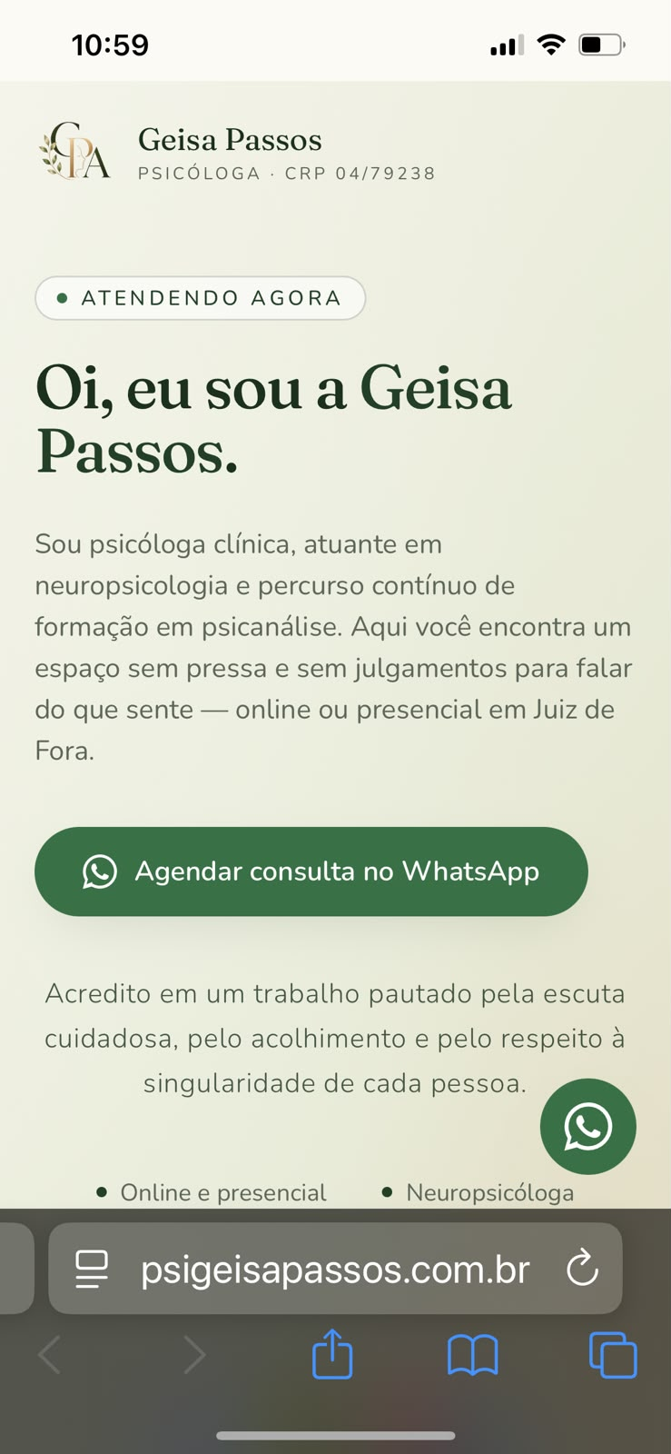 Página inicial do site da psicóloga Geisa Passos