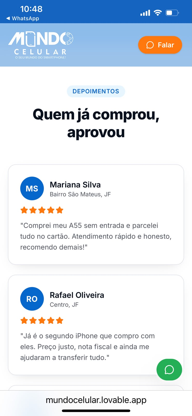 Seção de depoimentos do site da Mundo Celular