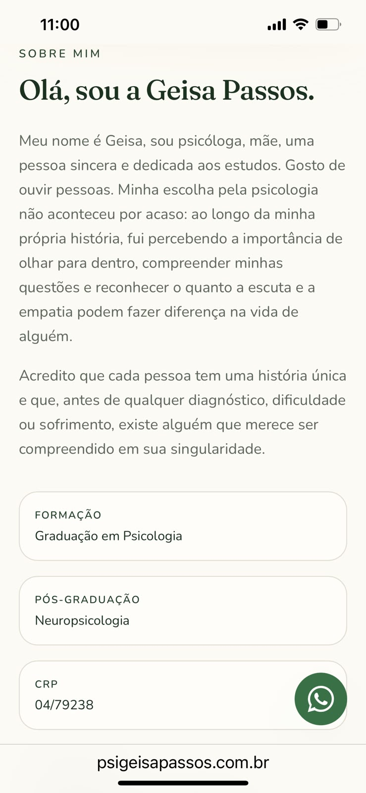 Seção sobre mim e formação no site de Geisa Passos