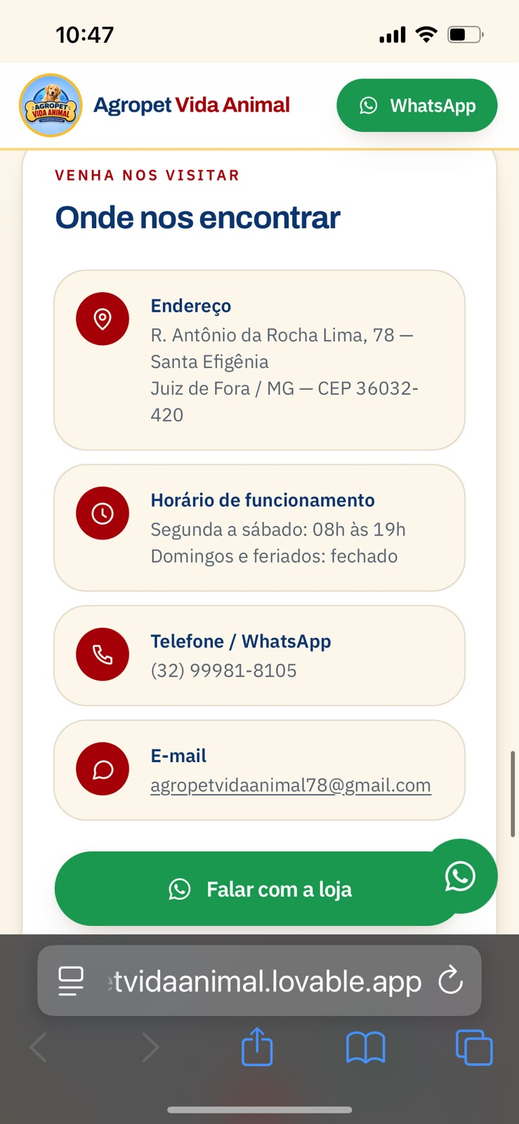 Seção de localização e contato da Agropet Vida Animal