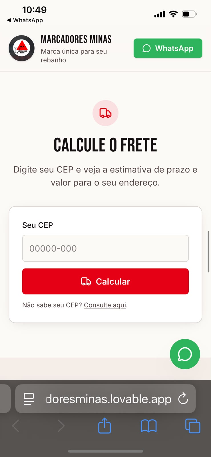 Calculadora de frete do site da Marcadores Minas