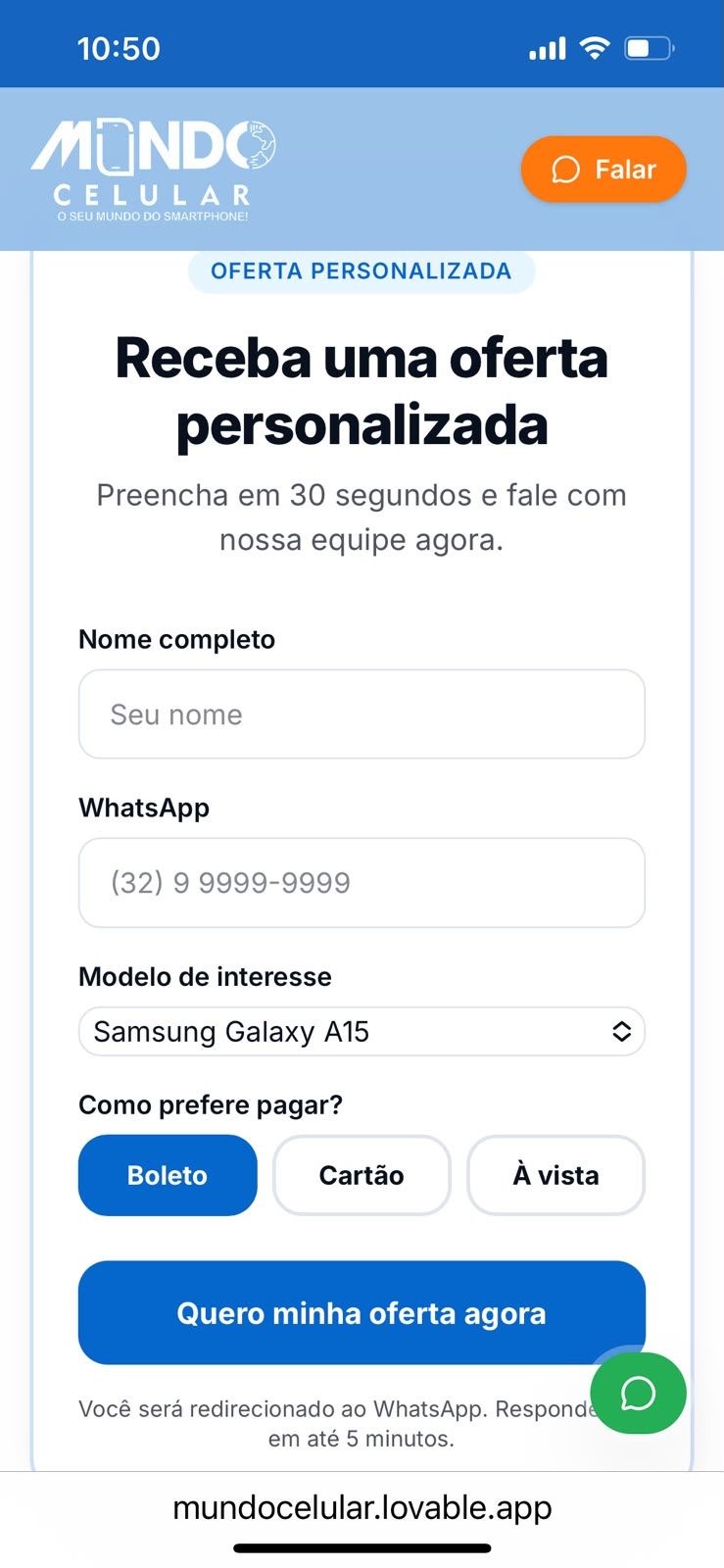 Formulário de oferta personalizada da Mundo Celular