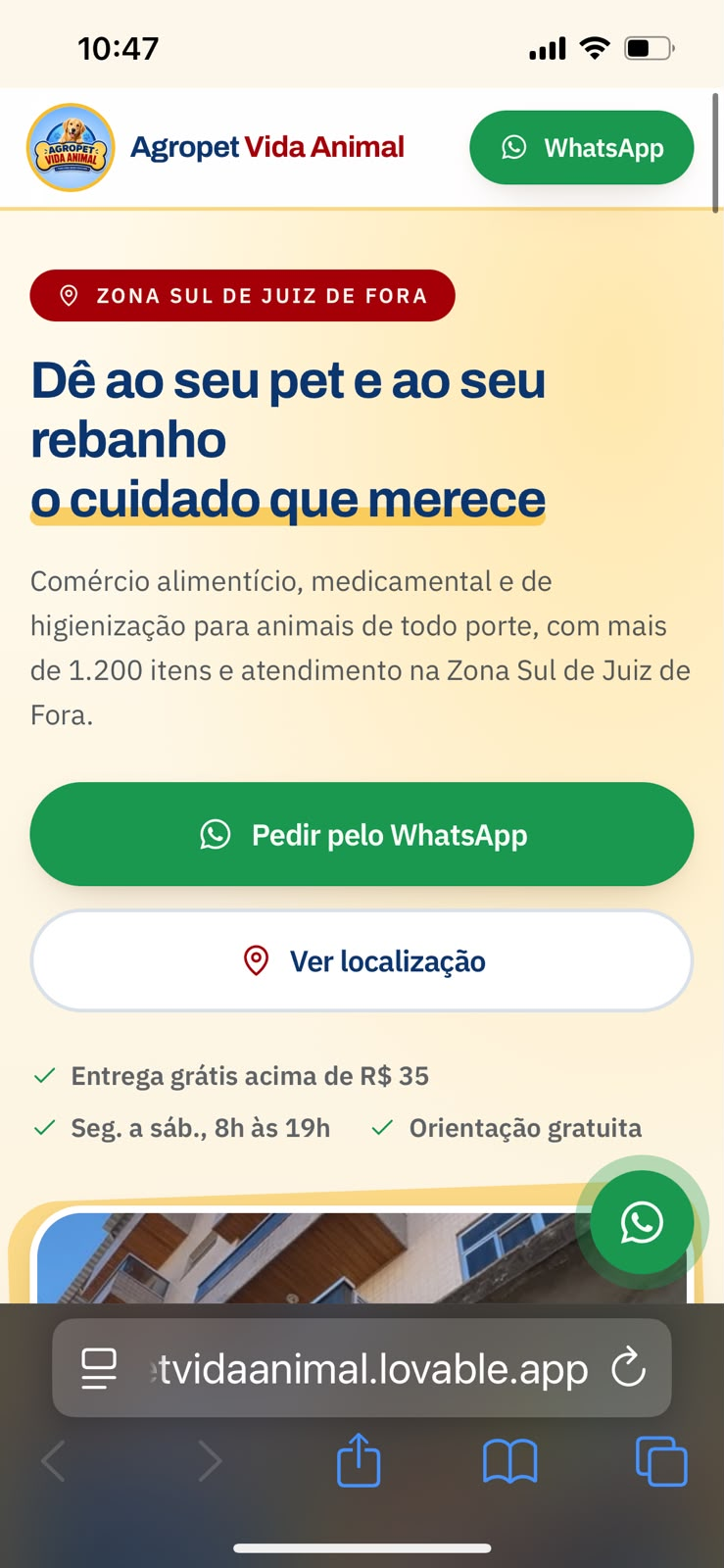 Página inicial do site da Agropet Vida Animal