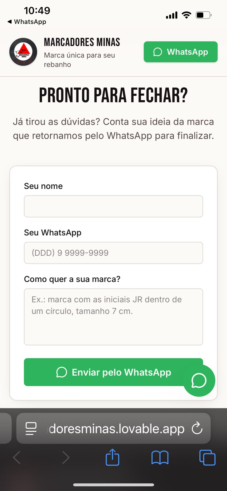 Formulário de contato do site da Marcadores Minas