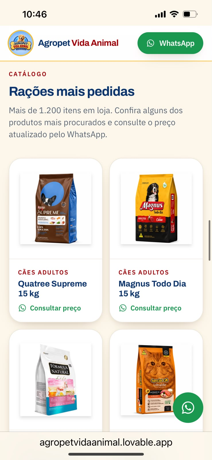 Catálogo de rações no site da Agropet Vida Animal